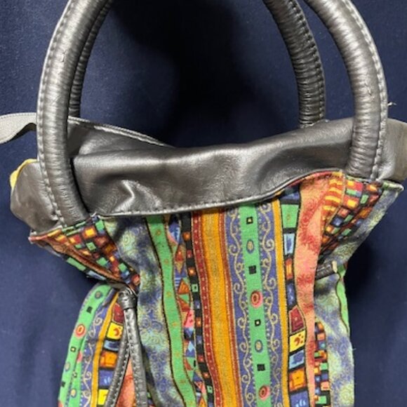 Drawstring Bucket Boho Mini Handbag Purse Silver Gray Multi Colors Striped - Picture 6 of 15